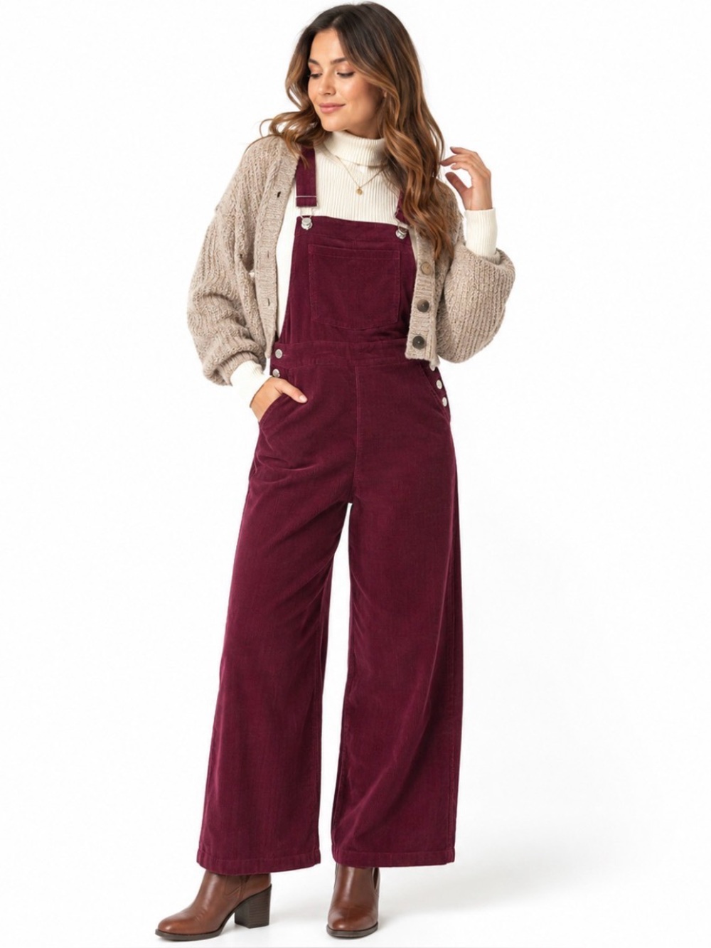 Burgundy Corduroy Wide Leg Overalls Womens S Relaxed Bib Dungarees Pockets